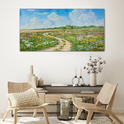 Glas bild Ein Blumenweg zwischen den Wiesen
