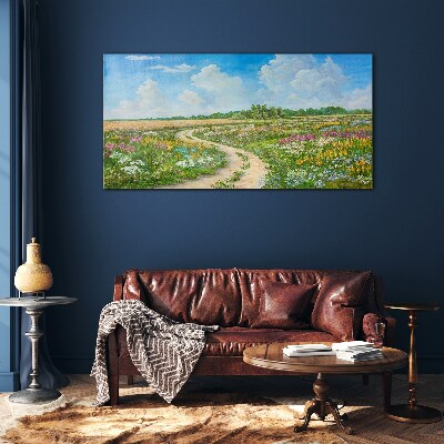 Glas bild Ein Blumenweg zwischen den Wiesen