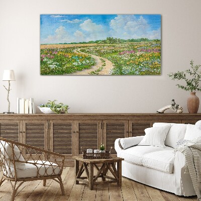 Glas bild Ein Blumenweg zwischen den Wiesen