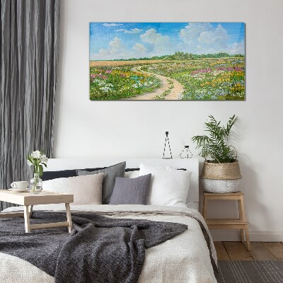 Glas bild Ein Blumenweg zwischen den Wiesen