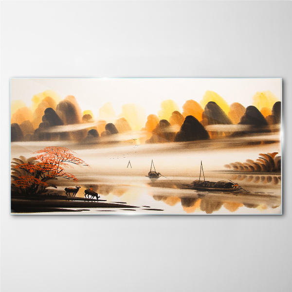 Glasbild Eine friedliche Landschaft mit Bergen und Wasser