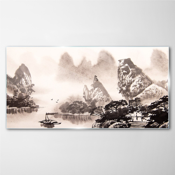 Glasbild Eine friedliche Berglandschaft in Monochrom