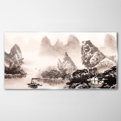 Glasbild Eine friedliche Berglandschaft in Monochrom