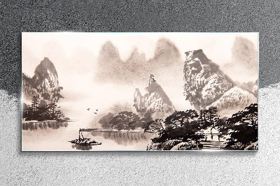 Glasbild Eine friedliche Berglandschaft in Monochrom