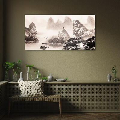Glasbild Eine friedliche Berglandschaft in Monochrom
