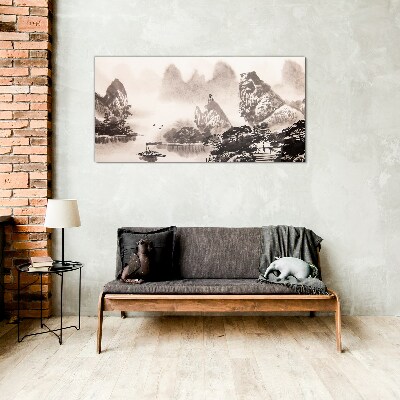 Glasbild Eine friedliche Berglandschaft in Monochrom