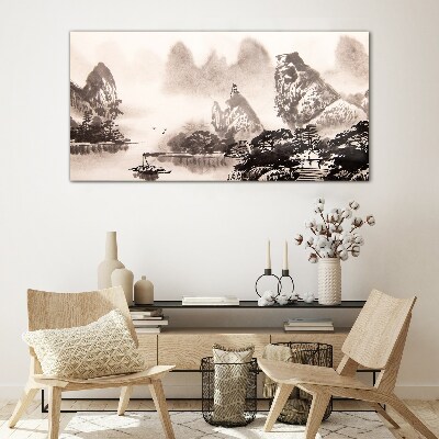 Glasbild Eine friedliche Berglandschaft in Monochrom