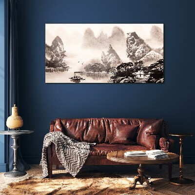 Glasbild Eine friedliche Berglandschaft in Monochrom