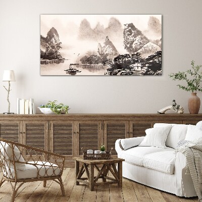 Glasbild Eine friedliche Berglandschaft in Monochrom