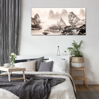 Glasbild Eine friedliche Berglandschaft in Monochrom