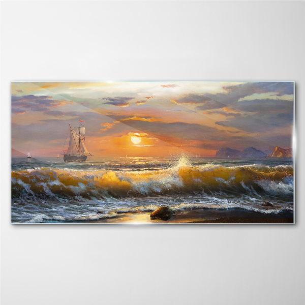 Glasbild Küstenwellen Sonnenuntergang