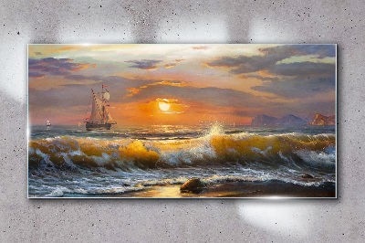 Glasbild Küstenwellen Sonnenuntergang