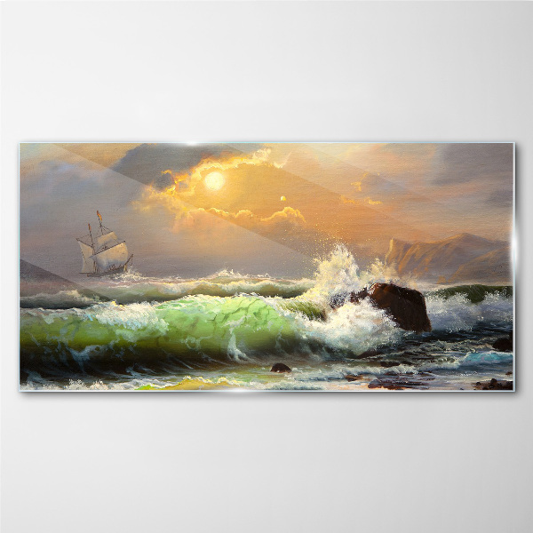 Glasbild Stürmische See mit Segelschiff