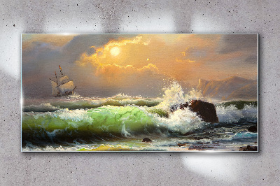 Glasbild Stürmische See mit Segelschiff