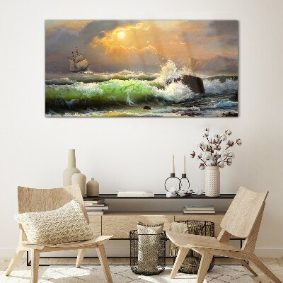 Glasbild Stürmische See mit Segelschiff