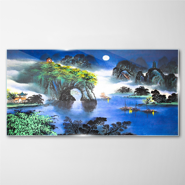 Glasbild Eine friedliche Nachtlandschaft mit Bergen