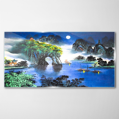 Glasbild Eine friedliche Nachtlandschaft mit Bergen