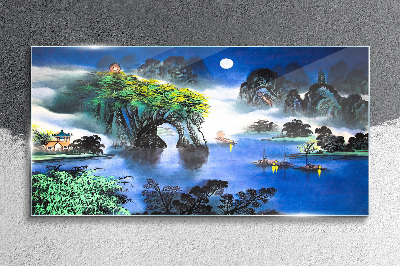 Glasbild Eine friedliche Nachtlandschaft mit Bergen