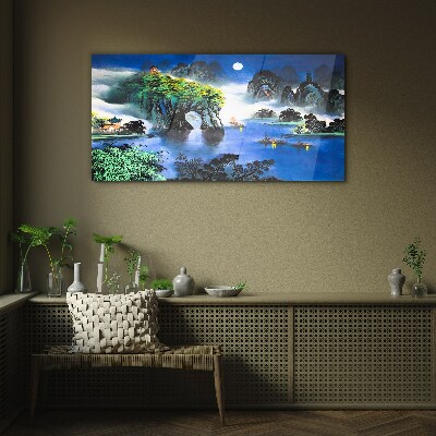 Glasbild Eine friedliche Nachtlandschaft mit Bergen