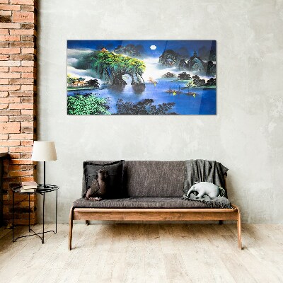 Glasbild Eine friedliche Nachtlandschaft mit Bergen