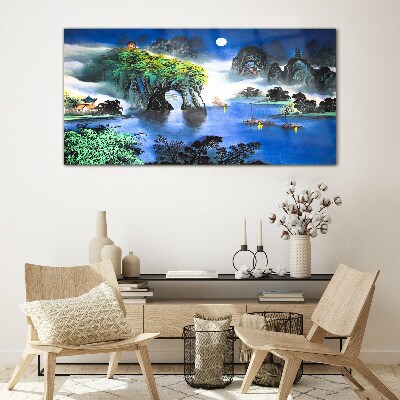 Glasbild Eine friedliche Nachtlandschaft mit Bergen