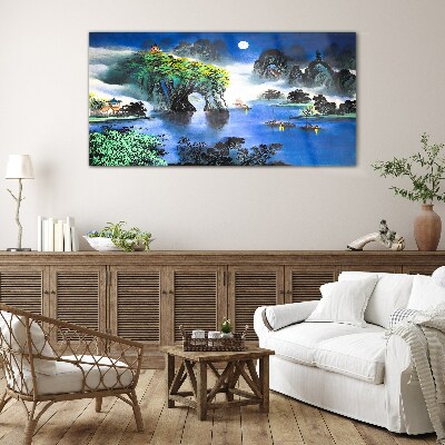 Glasbild Eine friedliche Nachtlandschaft mit Bergen