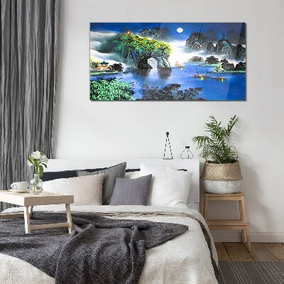 Glasbild Eine friedliche Nachtlandschaft mit Bergen