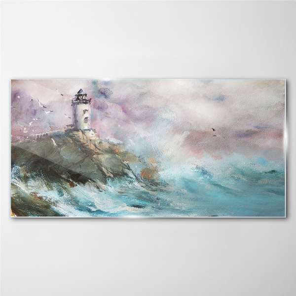 Glasbild Ein Leuchtturm in einer stürmischen Landschaft