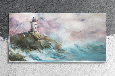 Glasbild Ein Leuchtturm in einer stürmischen Landschaft