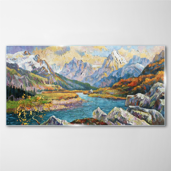 Glasbild Berglandschaft mit Fluss