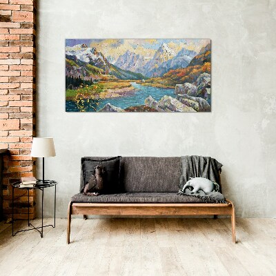 Glasbild Berglandschaft mit Fluss