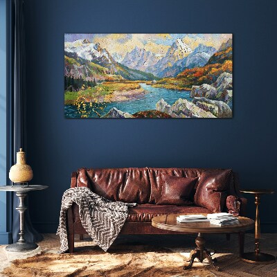 Glasbild Berglandschaft mit Fluss
