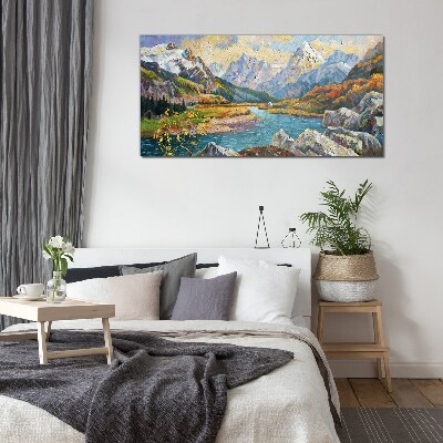 Glasbild Berglandschaft mit Fluss