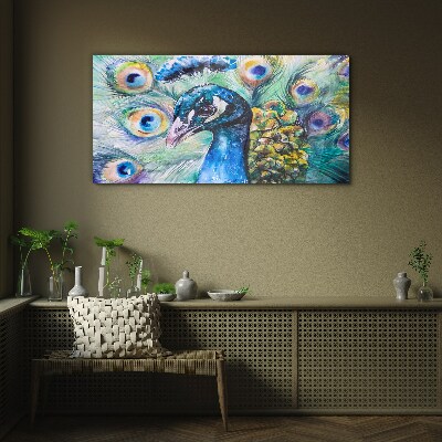 Glasbild Bunter Pfau zwischen Federn