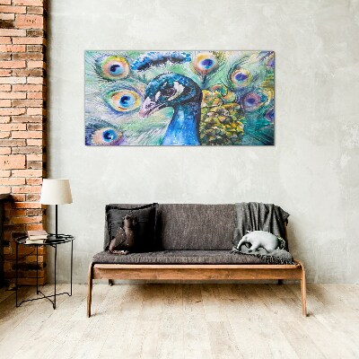 Glasbild Bunter Pfau zwischen Federn