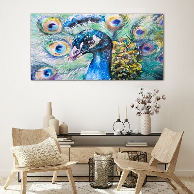 Glasbild Bunter Pfau zwischen Federn
