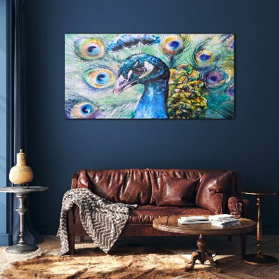 Glasbild Bunter Pfau zwischen Federn