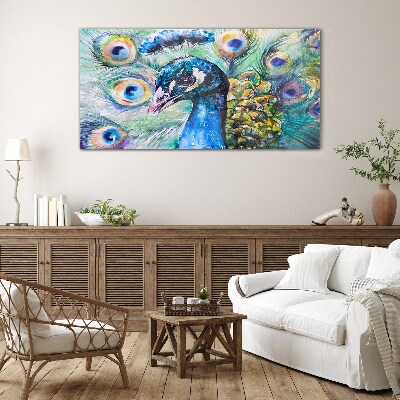 Glasbild Bunter Pfau zwischen Federn
