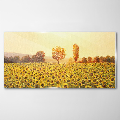 Glasbild Sonnenblumenfeld in der untergehenden Sonne