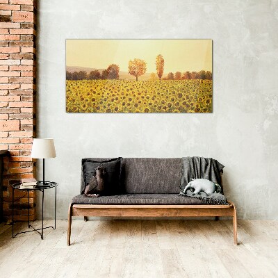 Glasbild Sonnenblumenfeld in der untergehenden Sonne