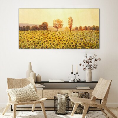 Glasbild Sonnenblumenfeld in der untergehenden Sonne