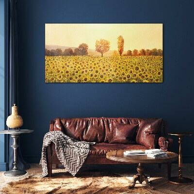 Glasbild Sonnenblumenfeld in der untergehenden Sonne