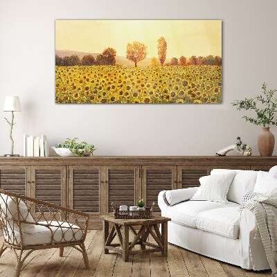 Glasbild Sonnenblumenfeld in der untergehenden Sonne