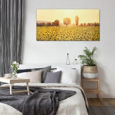 Glasbild Sonnenblumenfeld in der untergehenden Sonne