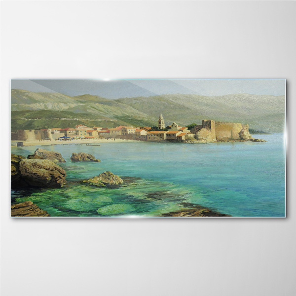 Glasbild Küstenlandschaft mit Berghügeln
