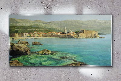 Glasbild Küstenlandschaft mit Berghügeln