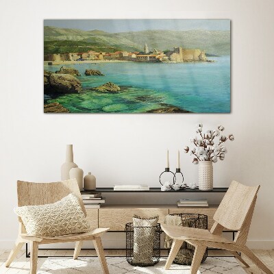 Glasbild Küstenlandschaft mit Berghügeln