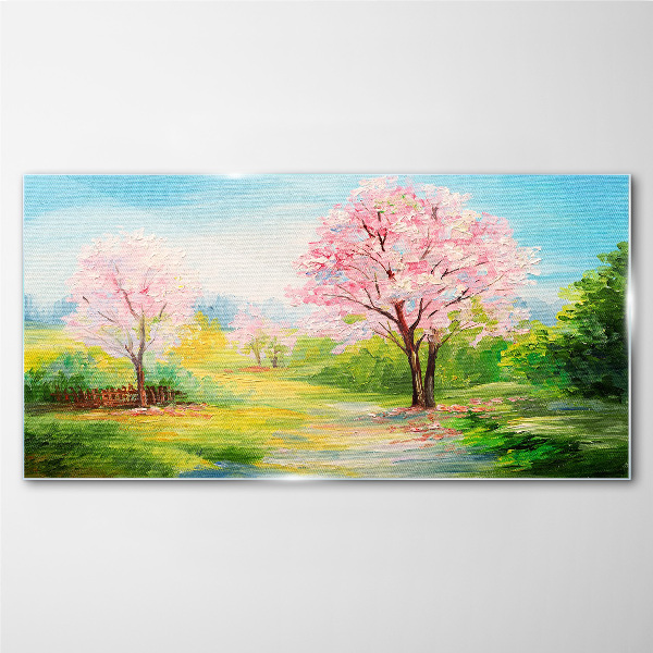 Glasbild Frühlingsbäume in rosa Blüte