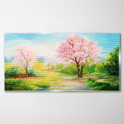 Glasbild Frühlingsbäume in rosa Blüte