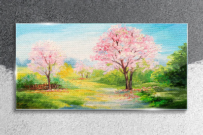 Glasbild Frühlingsbäume in rosa Blüte